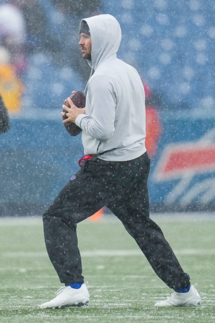 It snowed so much in Buffalo that Josh Allen forgot to wear his jersey and opted for comfy sweats instead.